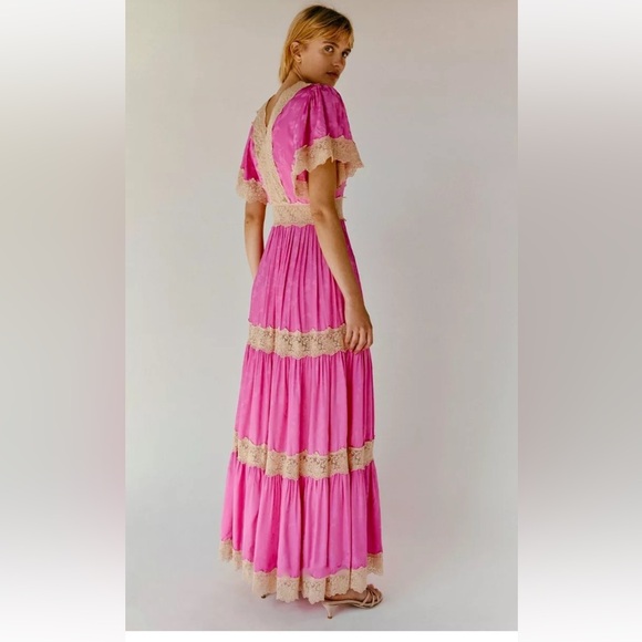 Free People Spell Ocean Gown Maxi Silky Hibiscus Pink Ivory Lace Tiered - Picture 4 of 7